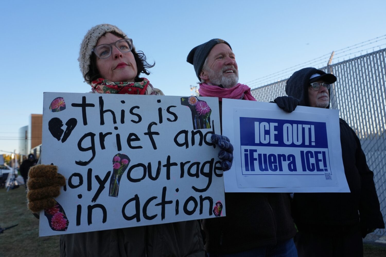 Protesters gather outside an ICE processing facility in Broadview, Ill., a suburb of Chicago, Frida...
