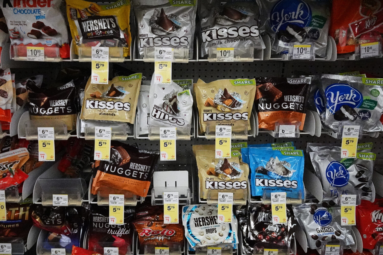 Hershey's chocolate are displayed on shelves at a grocery store in Mount Prospect, Ill., Monday, Oc...