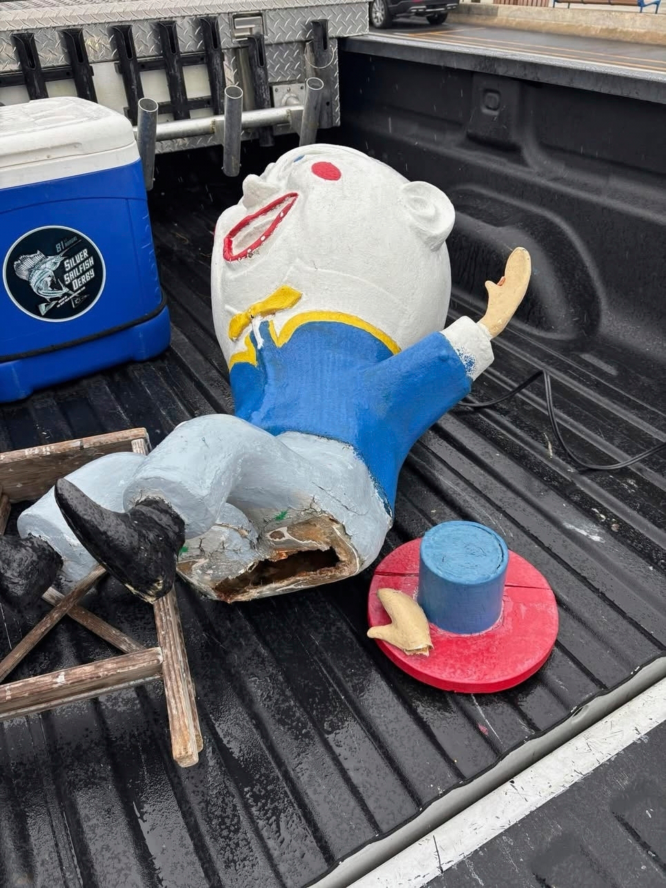 In this photo released by the Cape May Police Department N.J., a damaged Humpty Dumpty statue is se...
