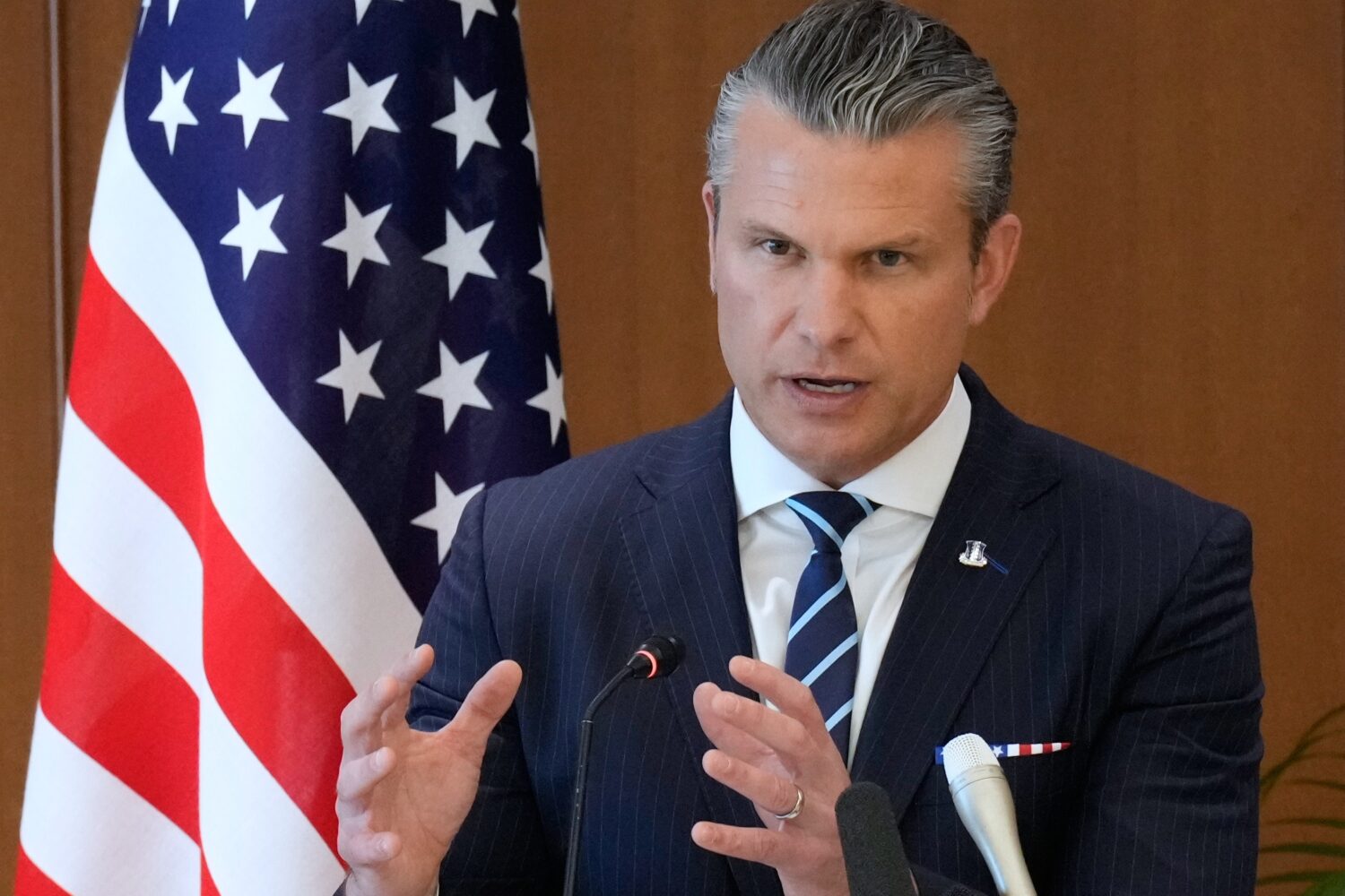 U.S. Defense Secretary Pete Hegseth speaks during a joint press conference with Japan's Defense Min...