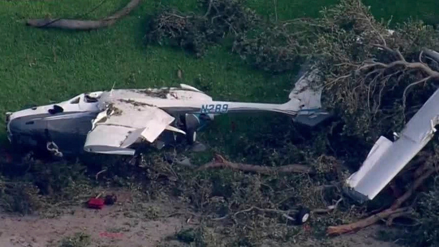This image taken from video provided by CBS News Miami shows the wreckage of a small plane that cra...