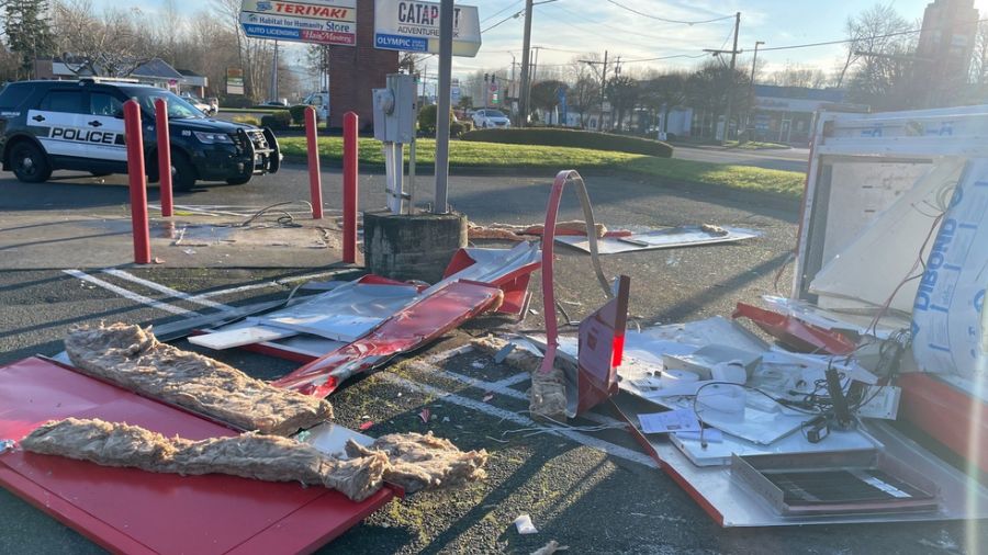 This is all that is left of the BECU ATM kiosk on E. Main that was destroyed by an excavator during a heist in Puyallup. (Photo: Puyallup Police Dept.)