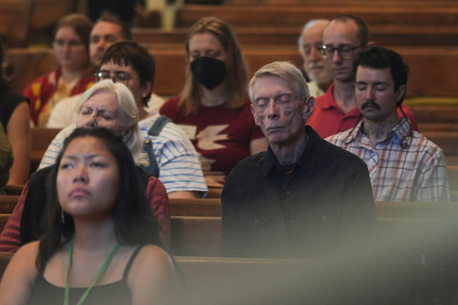 Quakers attend a Sunday worship in the historic West Room of the Arch Street Meeting House in Phila...