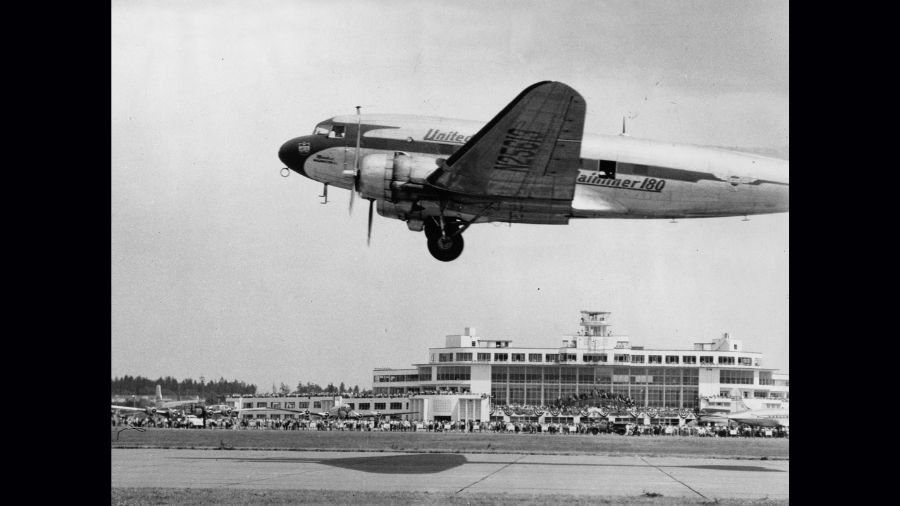 Photo: Airborne United Airlines’ DC-4 at Sea-Tac Airport on July 9, 1949....