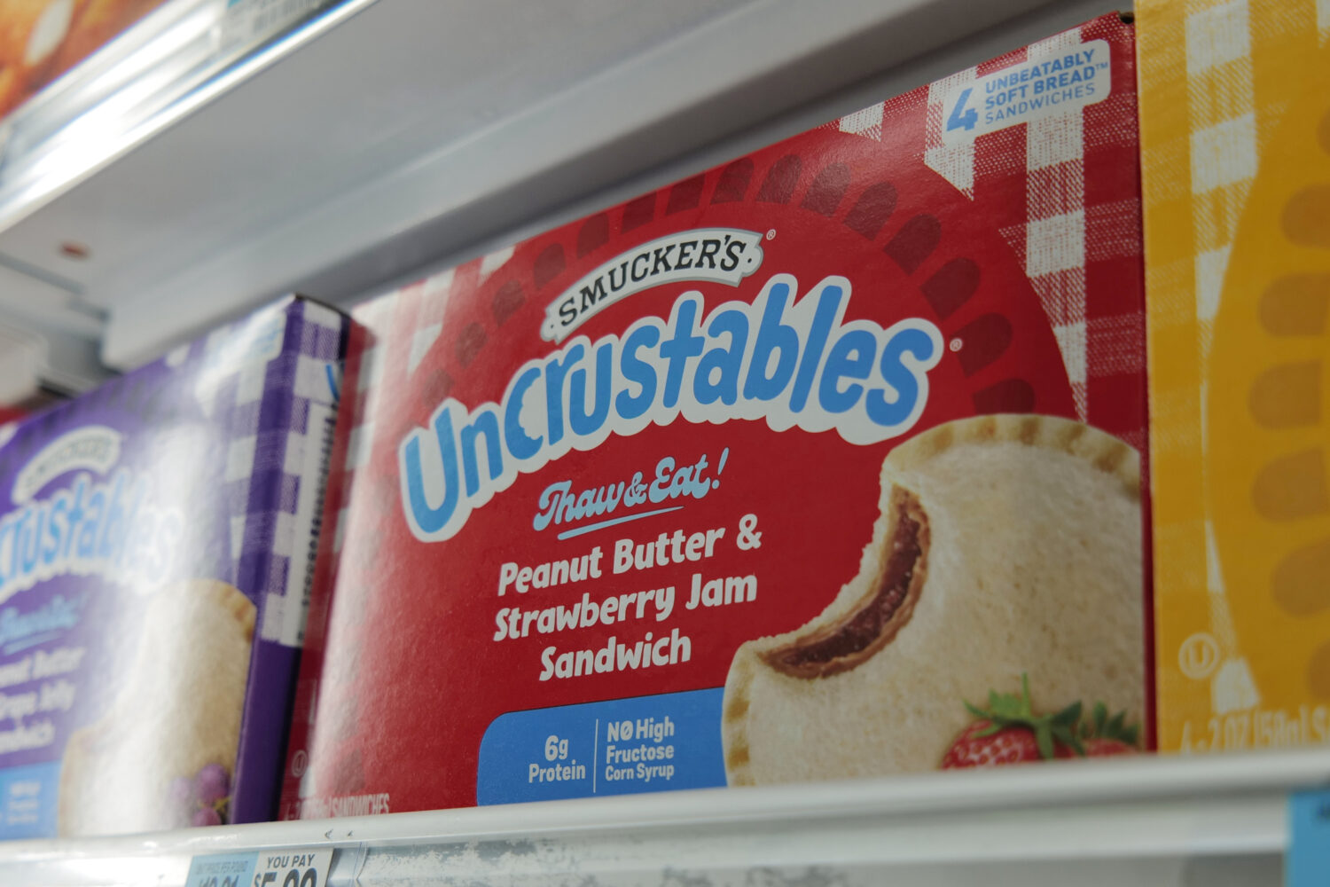 A box of Smucker's Uncrustables sandwiches are seen in a freezer of a supermarket in New York on We...
