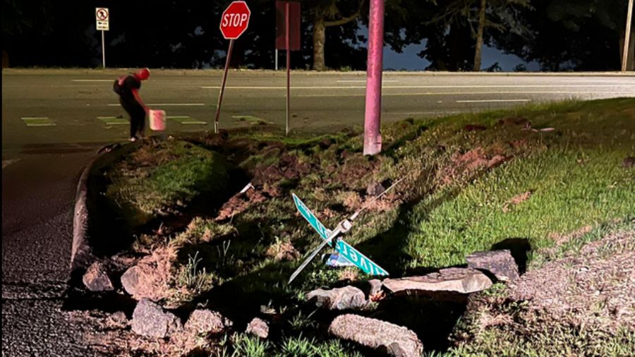 The stolen fire truck tore up lawns and landscaping, and knocked over street signs. (Photo: Everett Fire Dept.)