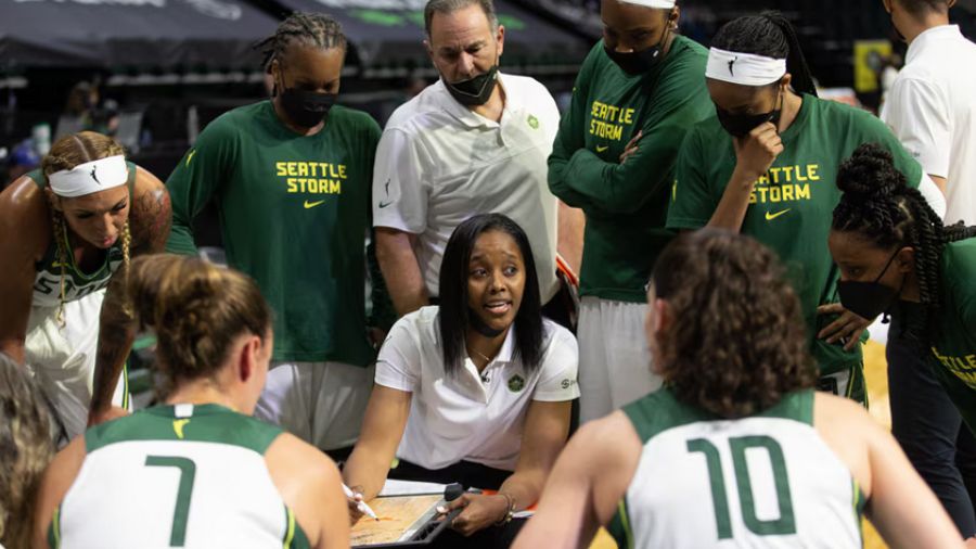 Seattle Storm Head Coach Noelle Quinn leads the team during a game in 2021. (Photo: Courtesy Seattl...
