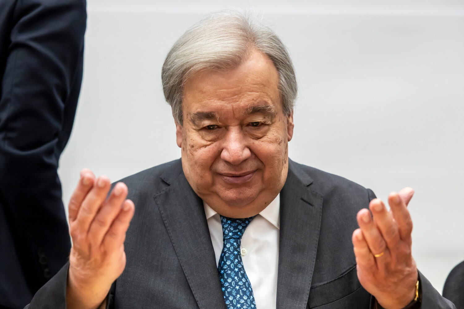 U.N. Secretary-General Antonio Guterres gestures before his speech during the World Meteorological ...