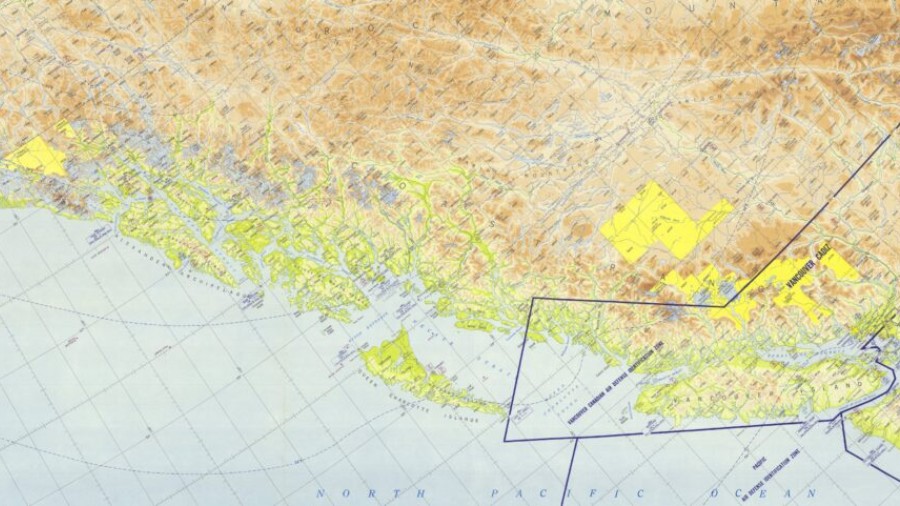 Image: An air navigation chart published by the U.S. government shows the area between McChord Air Force Base near Tacoma and where Flight 293 went down in the Gulf of Alaska, west of Annette Island.