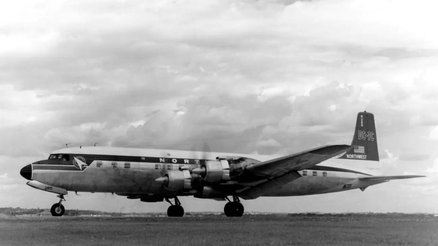 Image: Northwest Airlines DC-7C N 285, the airliner that ditched near Biorka Island, Alaska, on Oct. 22, 1962, is seen in an archival photo. (Courtesy of Northwest Airlines History Center)
