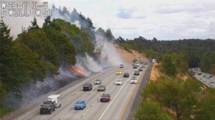 Two people hospitalized after I-5 brush fire spreads to homes in South Hill