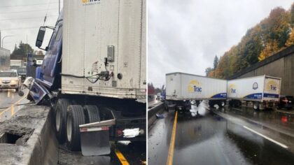 Jackknifed semi-truck collides with barrier on SB I-5, 2 lanes reopened